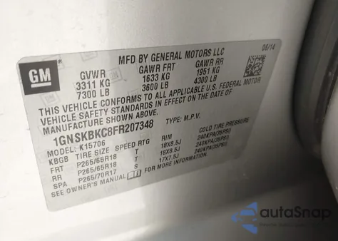 2015 Chevrolet Tahoe K1500 Lt from USA, damaged, VIN 1GNSKBKC8FR207348